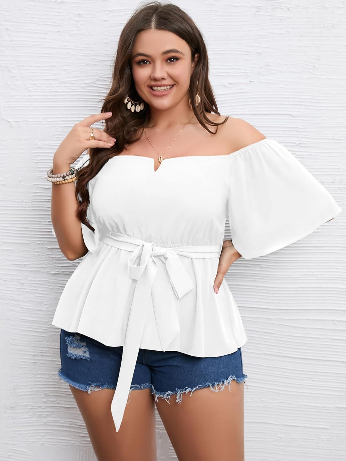 SCOMCHIC Women's Plus Size Off The Shoulder Peplum Blouse Top Half Bell Sleeve Tie Waist Ruffle Hem Babydoll Tops - Image 4