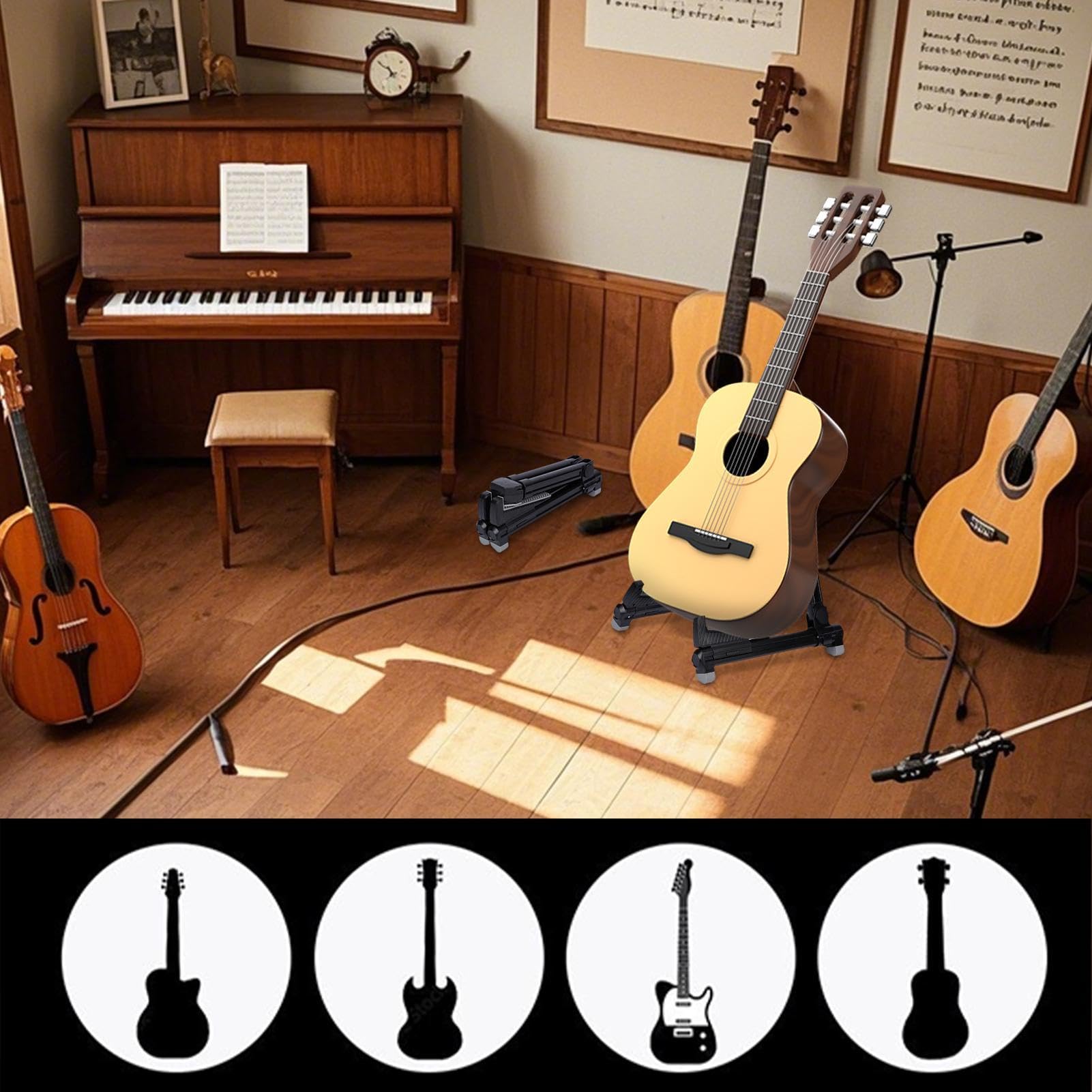 Soporte de guitarra con de A, soporte plegable ajustable para instrumentos eléctricos y acústicos, accesorios de instrumento de cuerda, soporte estable para guitarra de piso para escuela