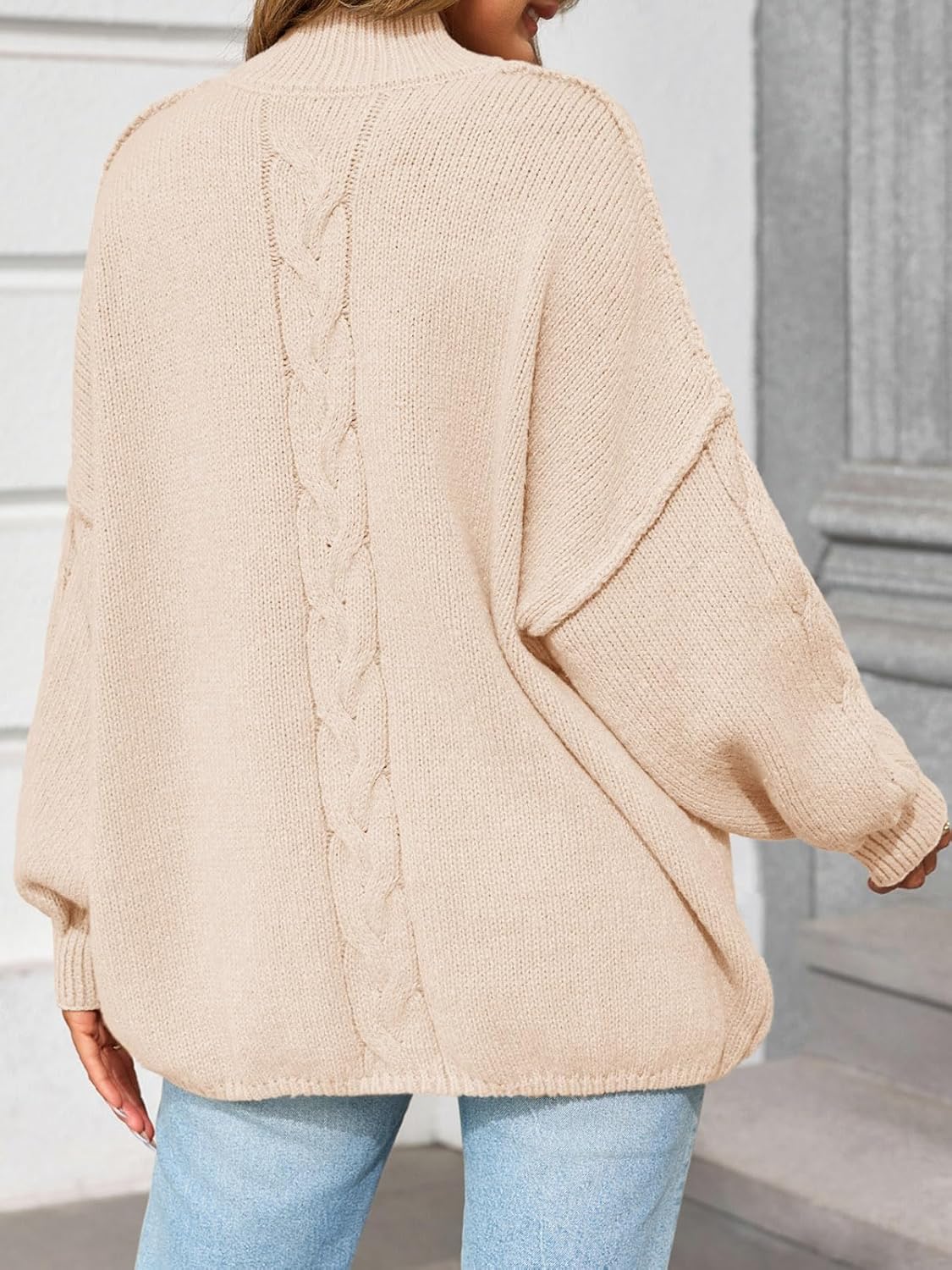 Saodimallsu Womens Oversized Cable Knit Sweater Chunky Mock Neck Long Lantern Sleeve Fall Trendy Tunic Sweaters Top - Image 5