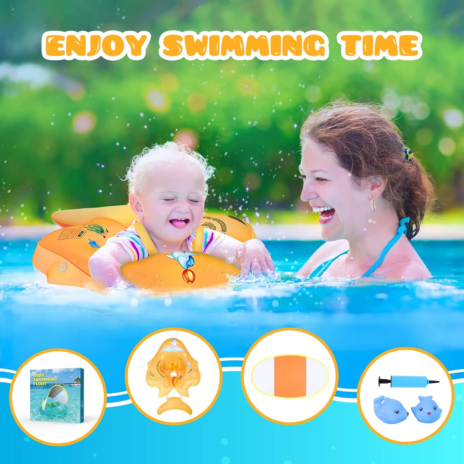 No Flip Over Baby Pool Float with Canopy UPF50+ Sun Protection, Inflatable Baby Float with Sponge Safety Support Bottom, Fun Gifts Water Toys Accessories Baby Swim Floats for Pool 3-36 Months