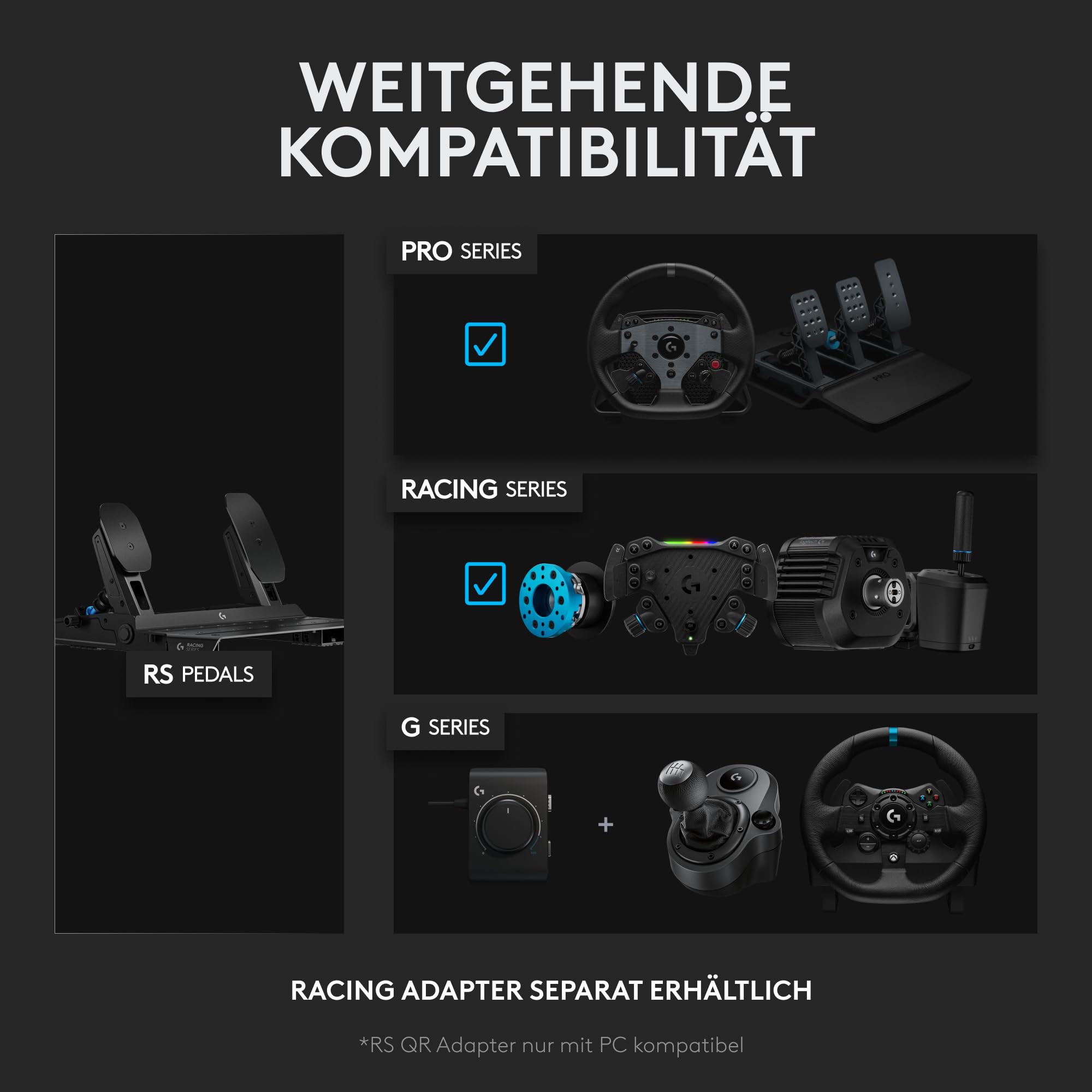 Logitech G RS Pedals Sim-Racing-Pedale 75-kg-Loadcell-Bremse einstellbare Pedalpositionen modulares Design Stahlrahmen Schwarz