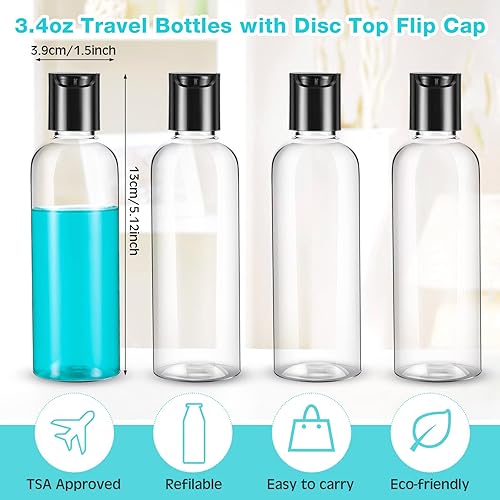 Miniatura 2 de Roshtia 100 botellas de viaje de 3.4 onzas para artículos de tocador, recipientes de plástico transparente, tamaño de viaje, a prueba de fugas,