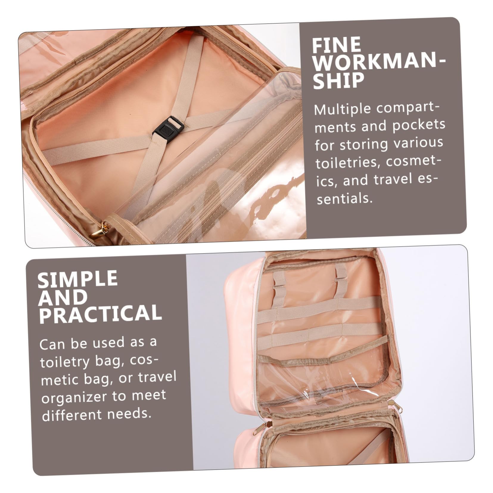 Trousse de Toilette Suspendue Rose en Cuir PU pour Voyage, Capacité