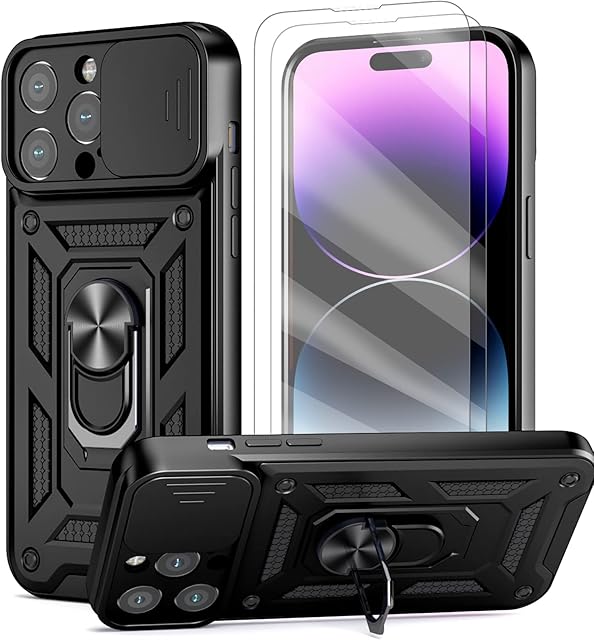 Giolus Case for iPhone 14 Pro Max with Slide Camera Cover and 2 Pack Screen Protector, 360° Ring Kickstand Full Protection Rugged Armor Shockproof Phone Case Silicone Protective Cover, Black