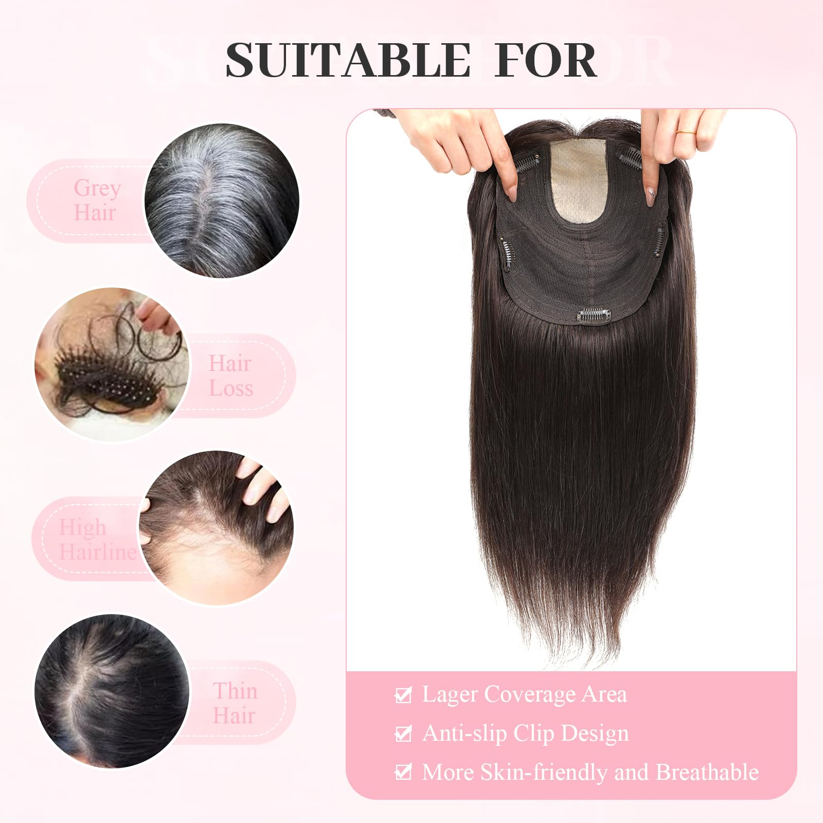 Real Human Hair Topper with Bangs for Thinning Hair 15 Inch MY-LADY Silk Mono Base Clip in Topper 100% Remy Human Hair  main image 3