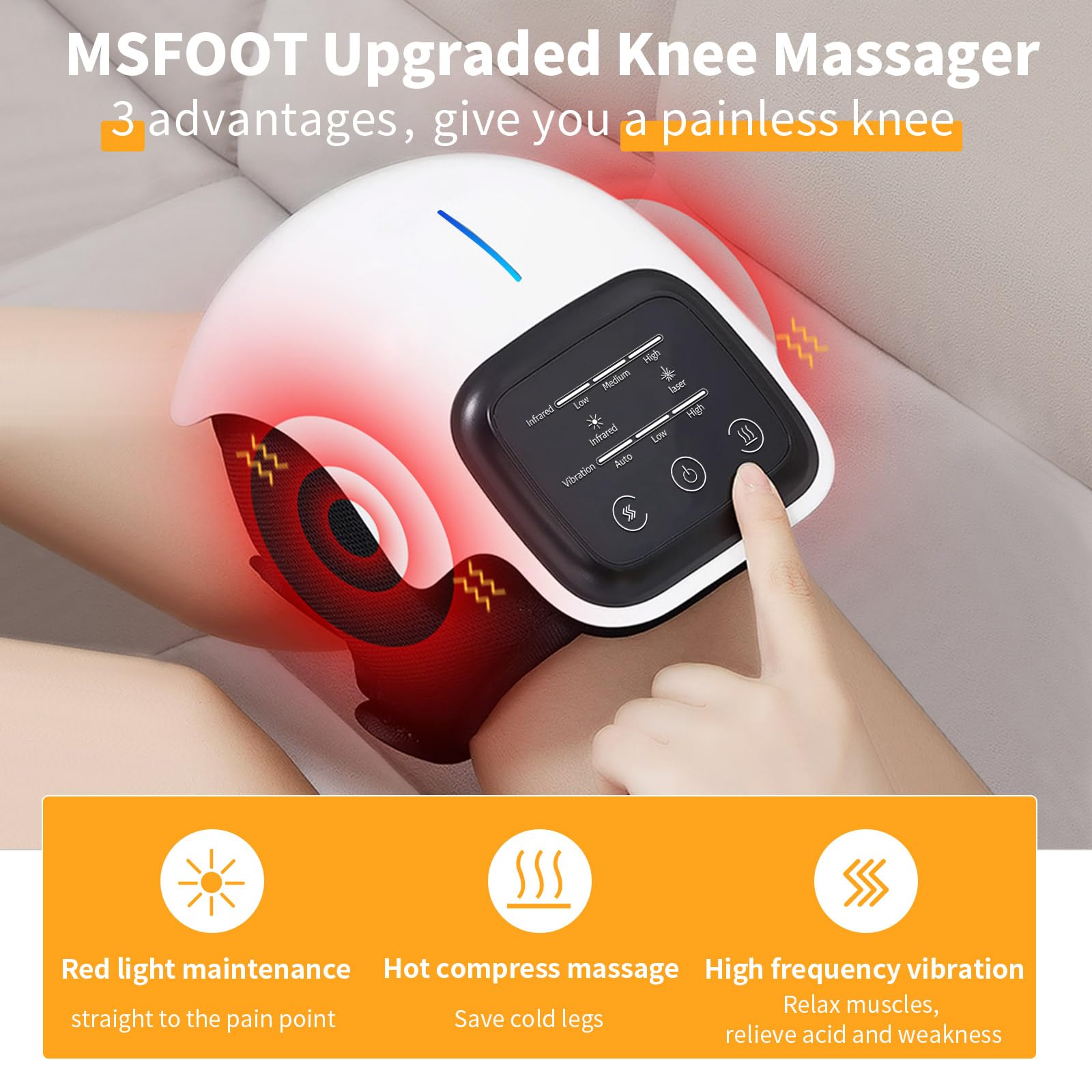 MSFOOT Knee Massager for Knee Pain with Infrared Heat and Vibration, Cordless Wearable Rechargeable Clear Visible LED Screen Easy to Use Electronic Knee Massager, 19 inch Adjustable Ergonomic Strap