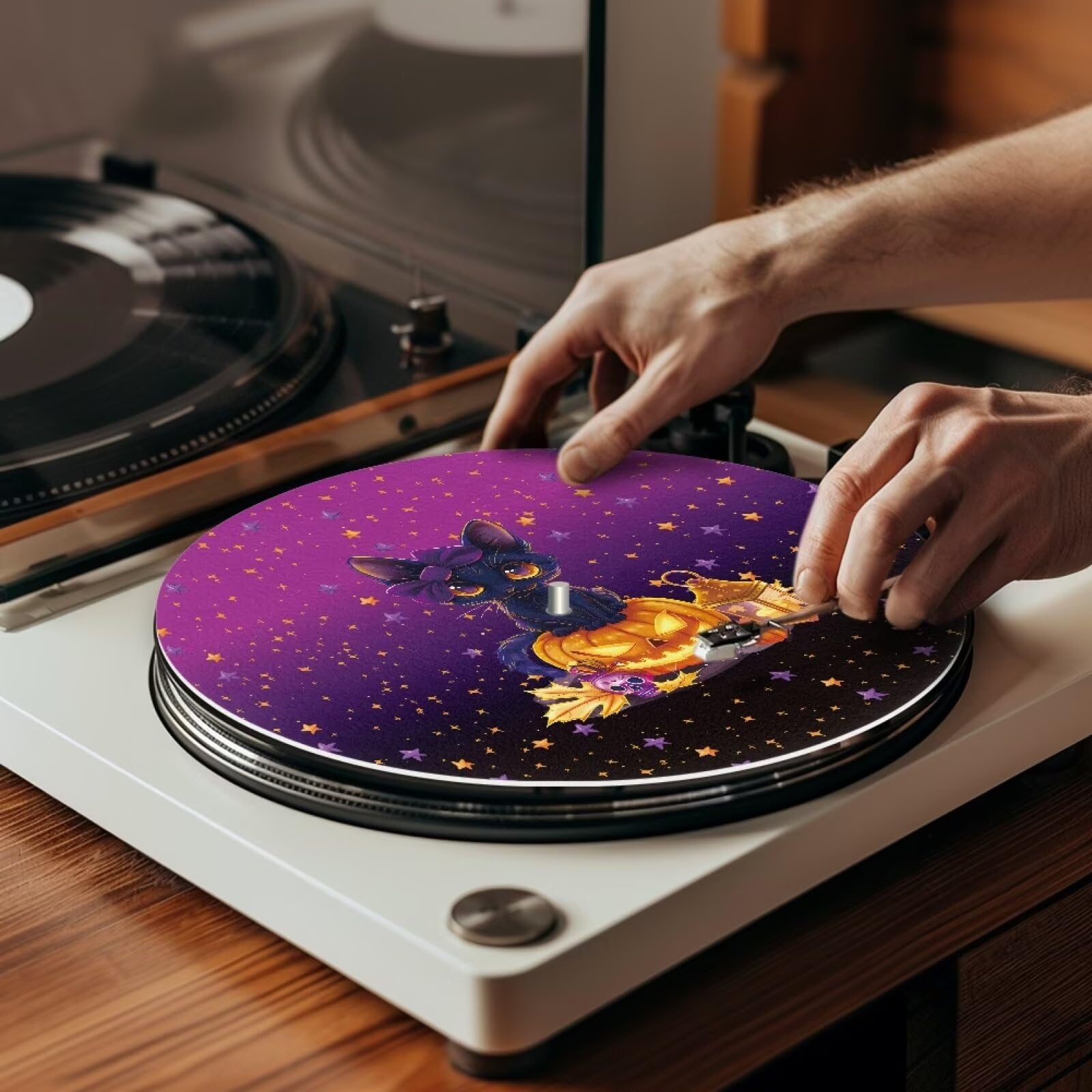 Hechitok Black Cat Pumpkin Turntable Platter Mat 12 Inches Record Mat Felt Anti-Static Slip Mat for Vinyl LP DJ Turntable Record Player Reduces Vibrations & Improved Sound Clarity