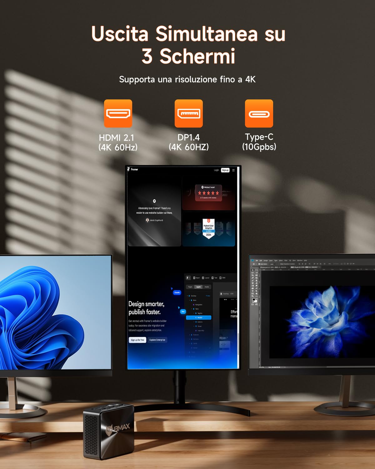 BMAX Mini PC B5APro AMD Ryzen 7 5825U (fino a 4,5 GHz, 8C/16T) 16GB DDR4 512 GB SSD Mini computer desktop PC DP/Type-C/HDMI Triplo display 4K@60 Hz WiFi 6 BT 5.3, Micro Gaming PC