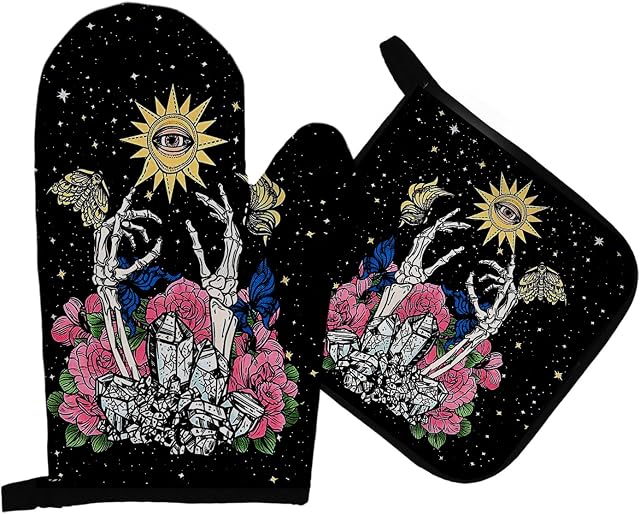 Mingnei Goth Skull Sun Oven Mitts and Pot Holders Sets, Black Skeleton Heat Resistant Potholder Kitchen Decor for Cooking Baking BBQ Grilling, Gothic Skull Floral Oven Glove Set Gifts