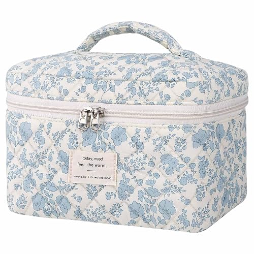 Givurao Large Makeup Bag, Cute Cosmetic Bag for Women Girls Floral Coquette Aesthetic Toiletry Bag Travel Make Up Organizer Bag (Blue)