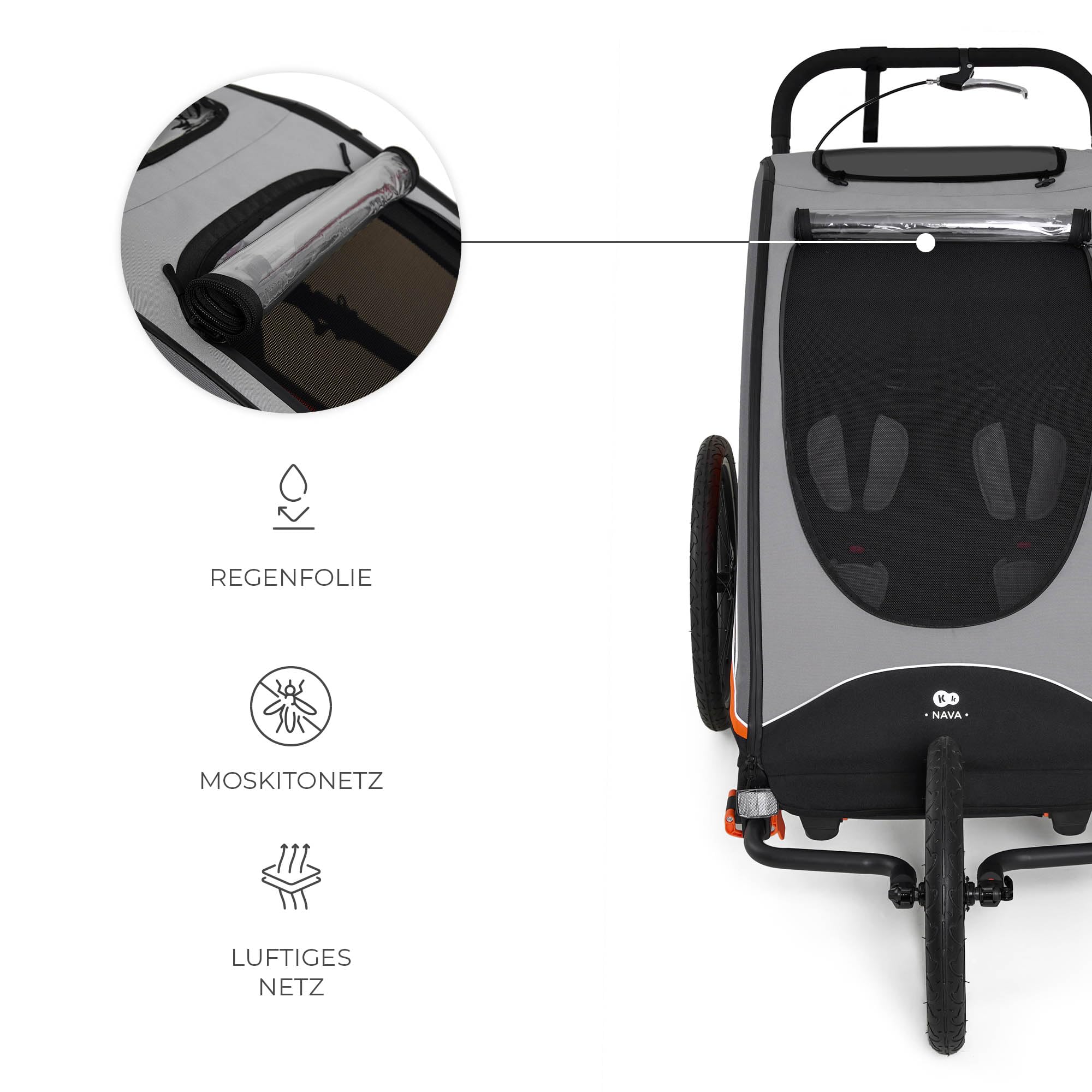 Kinderkraft NAVA 3in1, Kinderwagen, Laufwagen und Fahrradanhänger, für ein oder zwei Kinder (bis 44 kg), Sonnenschutz, zwei unabhängige Bremsen, Aluminiumrahmen, leicht zu falten,Orange
