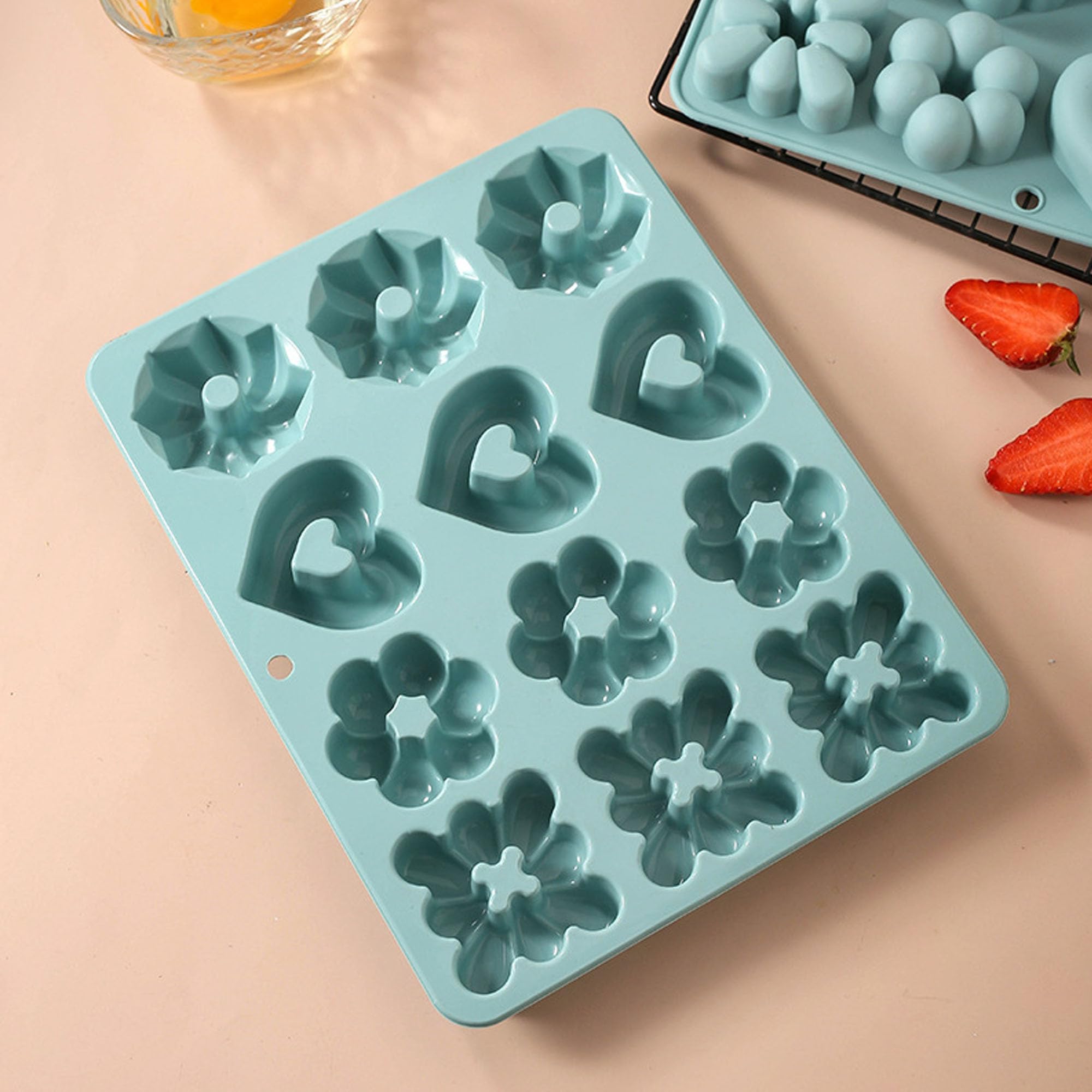 Molde para donas, molde de silicona para hornear donas de 12 cavidades, molde de silicona antiadherente para tortas de grado alimenticio para gelatina, cupcake, donas de donas, pan de maíz, 4
