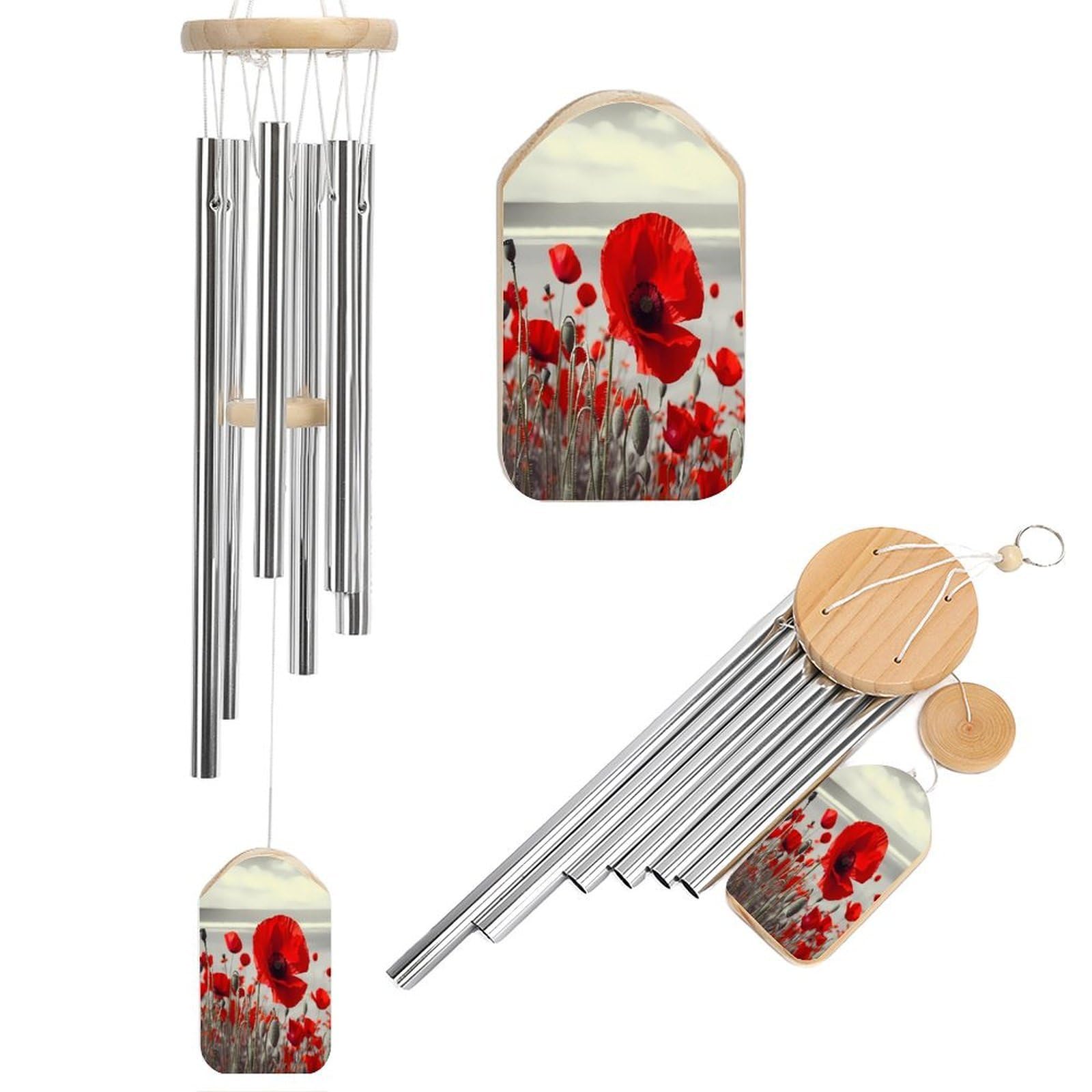 Koayubfc Red Poppy Flower Memorial Wind Chimes For Loss Of Loved One - Wooden Sympathy Windchimes For Outside - Small Bamboo Windchimes Outdoors - Condolence Remembrance Gift (50Cm)