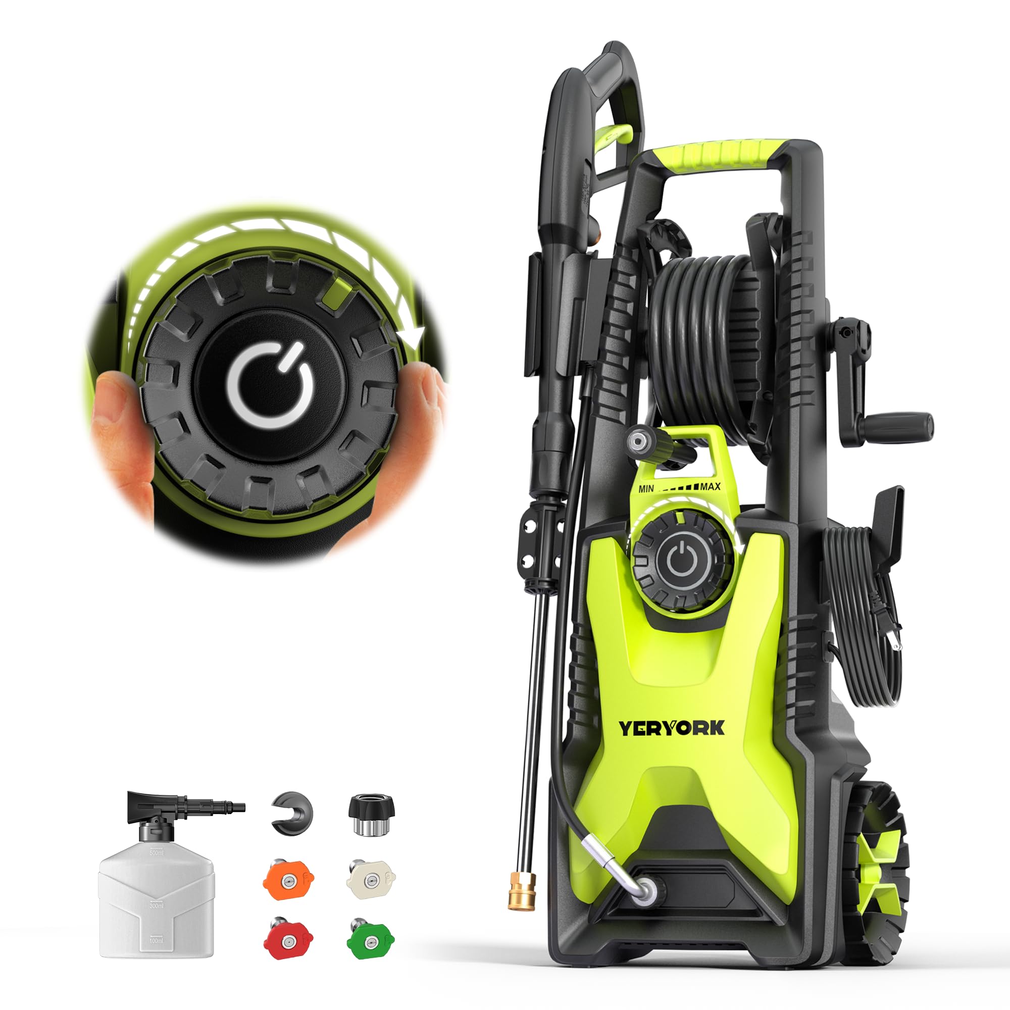 Pressure Washer, 2 Max GPM Power Washer with 33 FT Hose Reel, Steel Wand, 500ml Foam Cannon, 4-Nozzle Set, Electric Pressure Washer for Cars, Fences, Patios