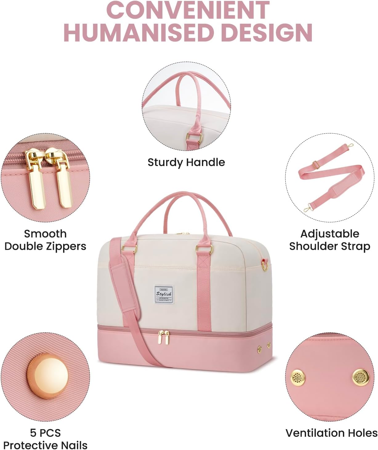 Weekender Travel Duffle Bag for Women: Overnight Bags with Shoe Compartment Carry on Bags for Airplanes with Toiletry Bag Yoga Gym Bag with Wet Pocket Travel Duffel Tote Bag Hospital Bag Pink Beige - Image 4