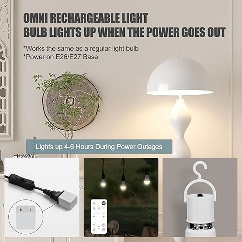 Miniatura 4 de Paquete de 6 bombillas de emergencia recargables con temporizador remoto y 3 temperaturas de color, bombilla de reserva de batería para apliques