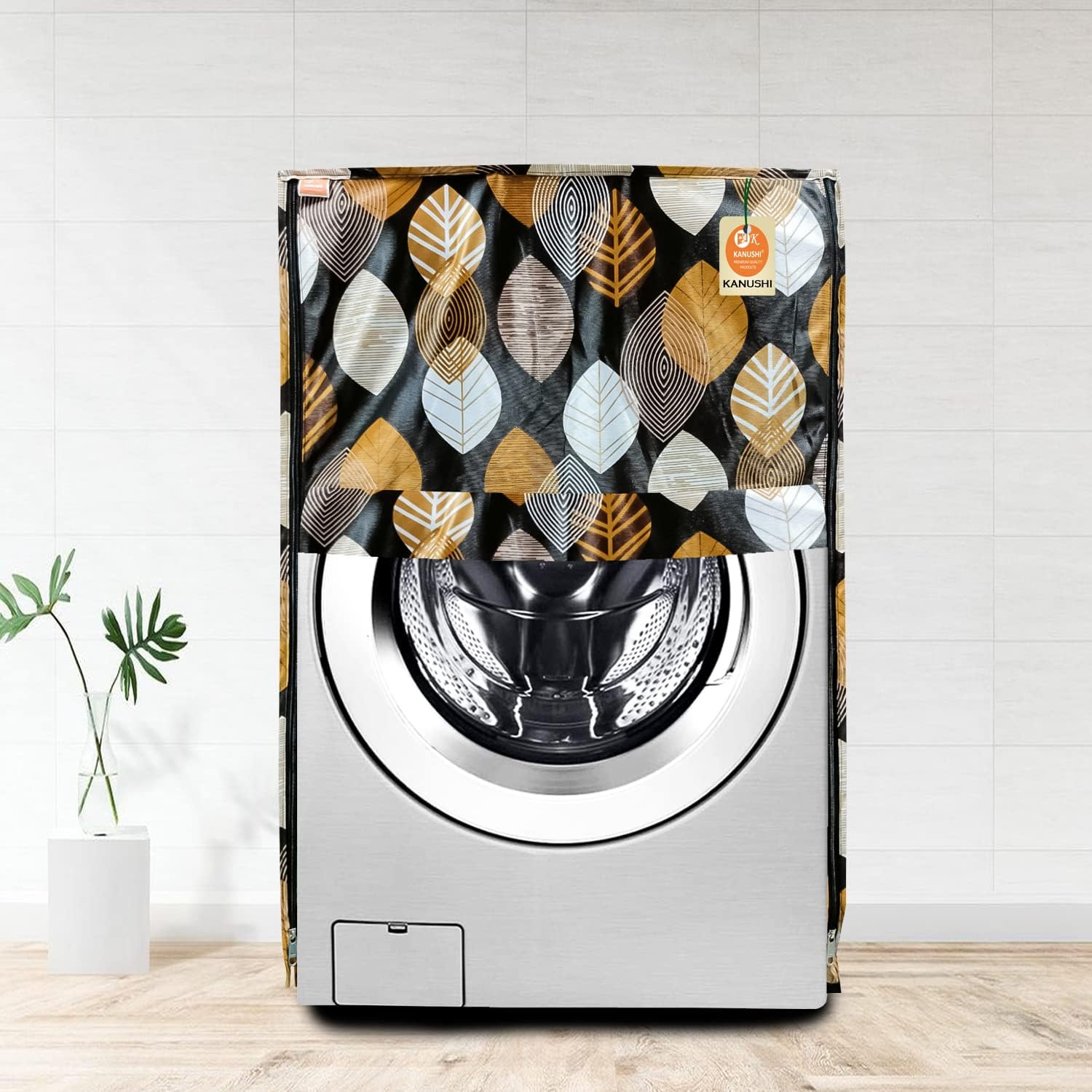 KANUSHI Industries® Washable & Dustproof Front Load Automatic Washing Machine Cover (Suitable for 6 Kg, 6.5 kg, 7 kg, 7.5 kg) (VAR-WASMAC-LONG-LEAVES-BROWN-FRONT-01)