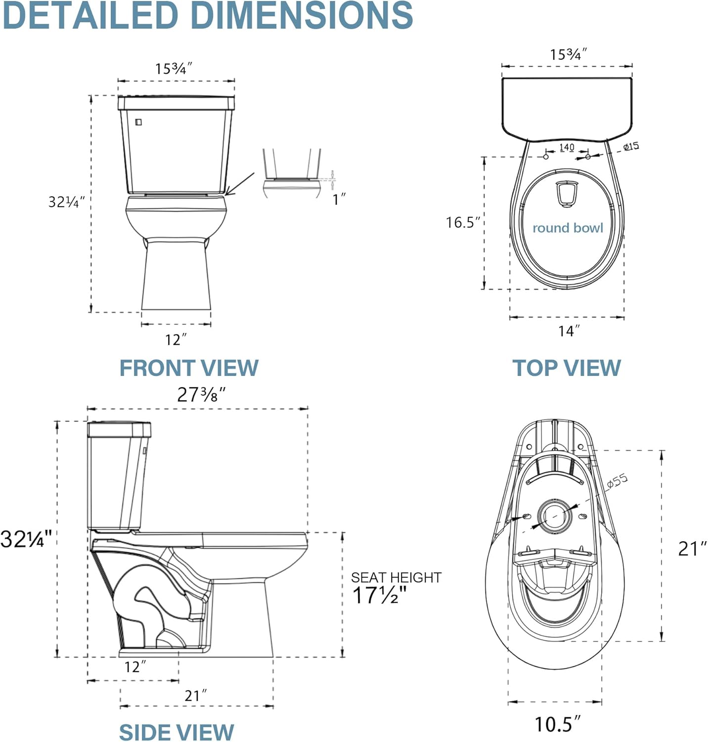 Compact Tall Toilet 17 Inch, Chair Height ADA High Toilet for Small Bathroom, Comfort Bowl Heigh 16.75", Seat Height 17.5", Two-Piece Single Flush 1.28 GPF, 12 Inch Rough-in, Bone Color
