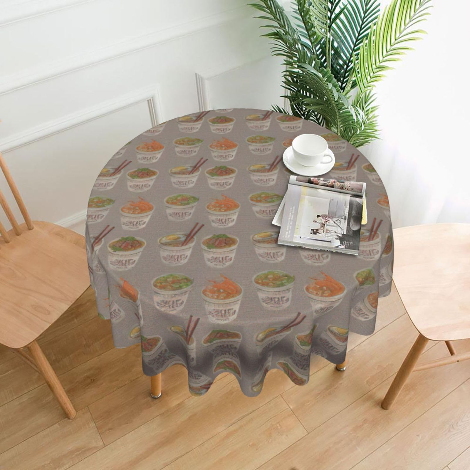VCzsdff Egg Cup Noodle Ramen Print Stain Resistant Round Tablecloth 60in Family Friendly Polyester Cloth for Kids Meals