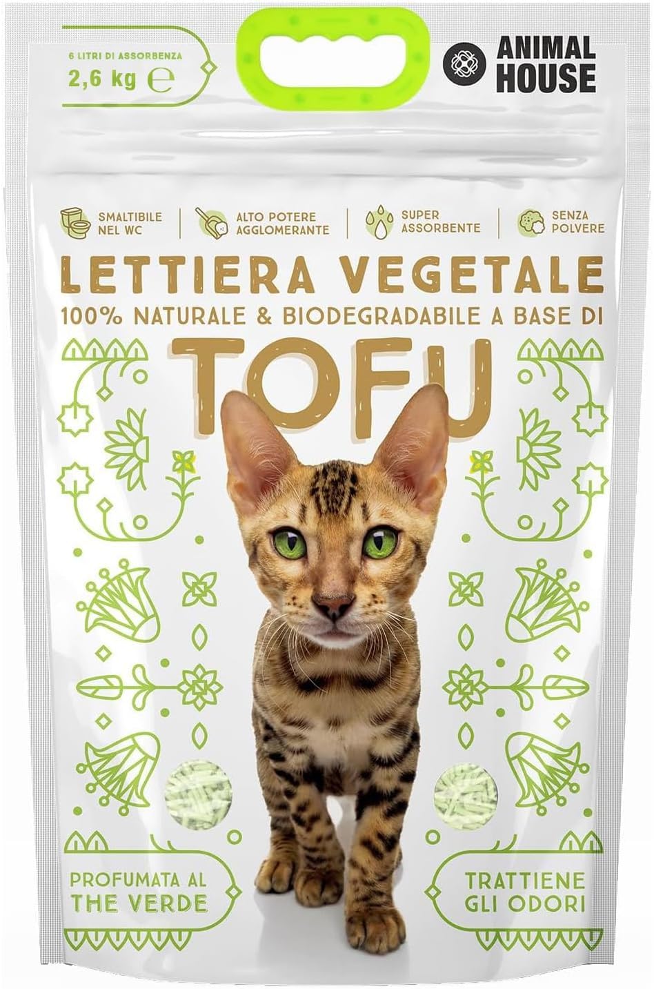 Animal House Lettiera Naturale al Tofu, Sicura per Umani e Animali, Non Graffia, Antipolvere, Profumata al Tè Verde, Trattiene gli Odori Senza Infastidire i Felini 2.6KG(6L)