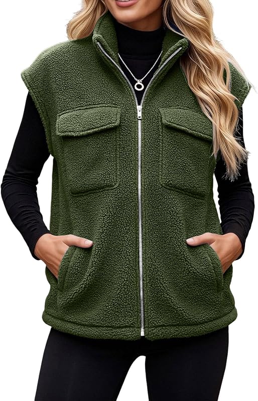 Women Fleece Zip Vest Stand Collar Pockets Sleeveless Outerwear