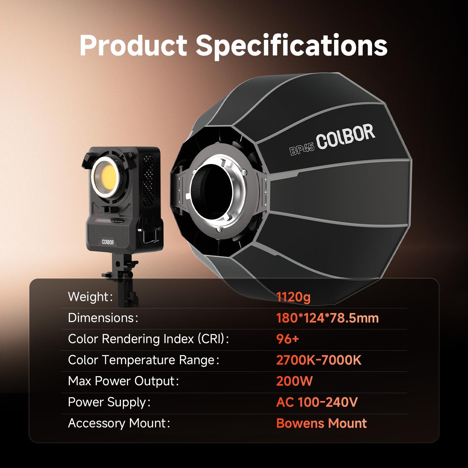 COLBOR Luz LED de vídeo de 200 W, diseño de fuente de alimentación integrada, bicolor 2700 K-7000 K COB lámpara de estudio con montaje Bowens, CRI 96+, Key Light para transmisión en directo, grabación