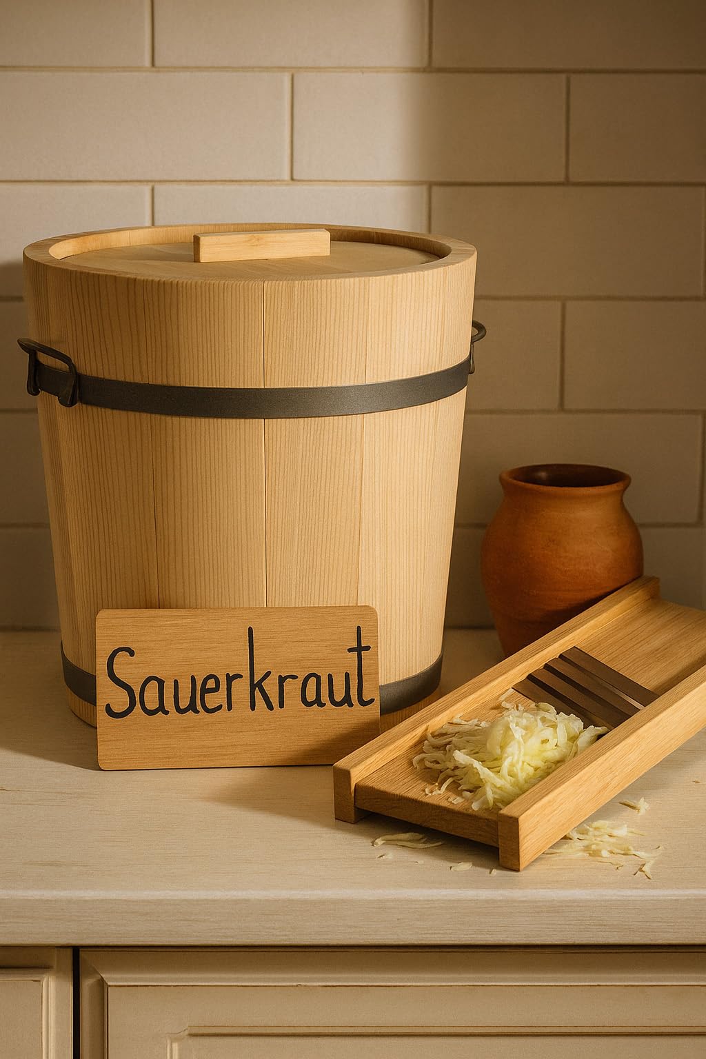 Gäreimer mit Deckel – naturbelassenes Gärfass mit Metallumreifung und Haltegriffen – Sauerkrautfass aus Holz für Fermentation von Gemüse, Kimchi, Gurken – Holz Gärtopf aus Weißtanne (15 Liter)