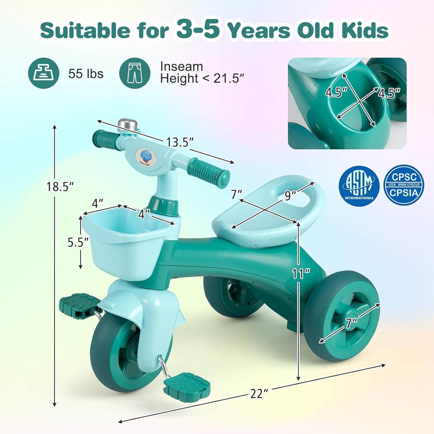 HONEY JOY Tricycle, Kids Trike 3 Wheel Bike with Ergonomic Seat, Front & Rear Storage Basket, Bell, Tricycle for 3-5 Years Old, Toddler Baby Tricycle, Birthday Gift for Preschool Boys Girls (Green)