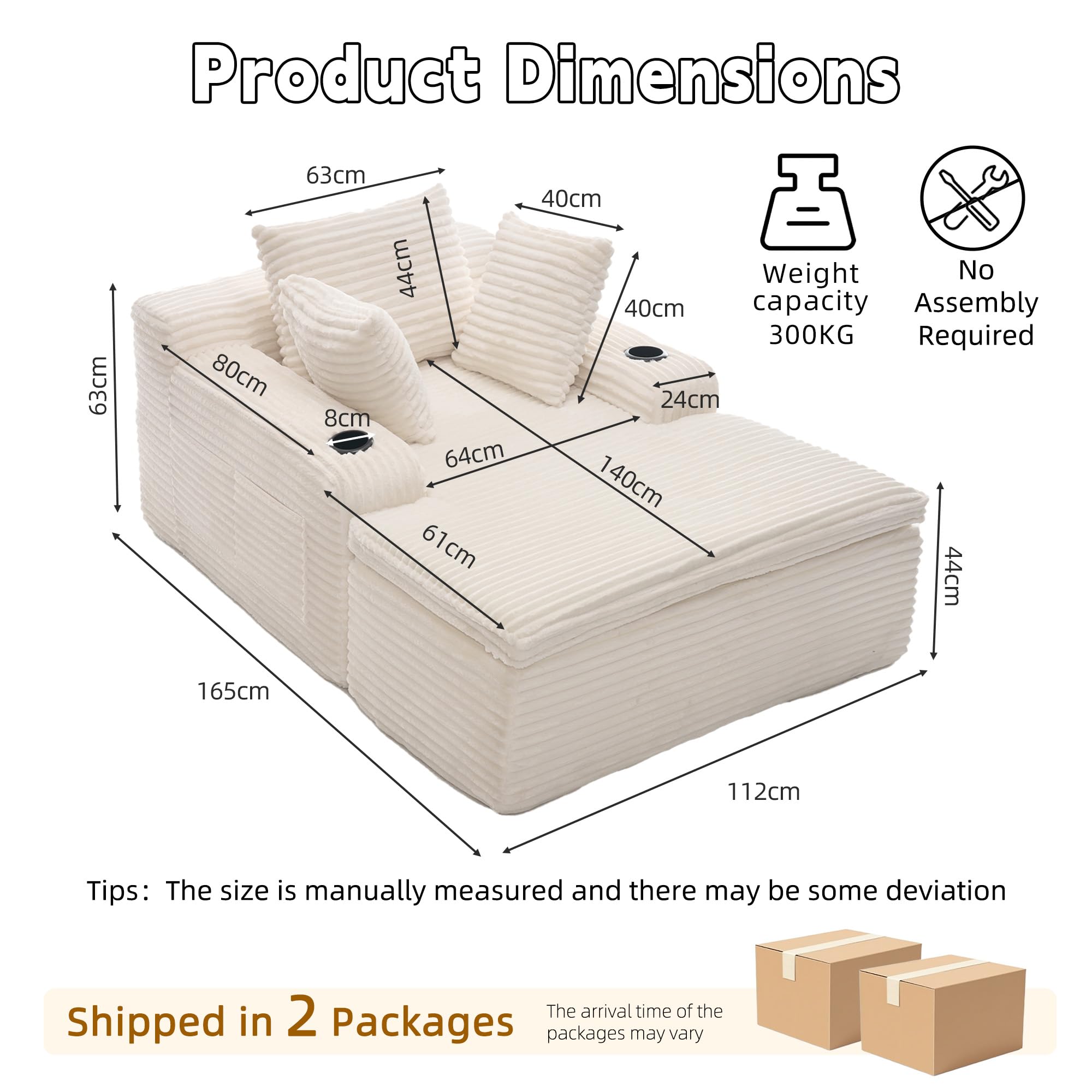 Boneless Couch Schlafsessel mit Chaise-Lounge – Modernes Cloud Sofa aus Cordstoff, 2-in-1 Kissen/Decke, kein Aufbau, für Wohnzimmer (Beige)