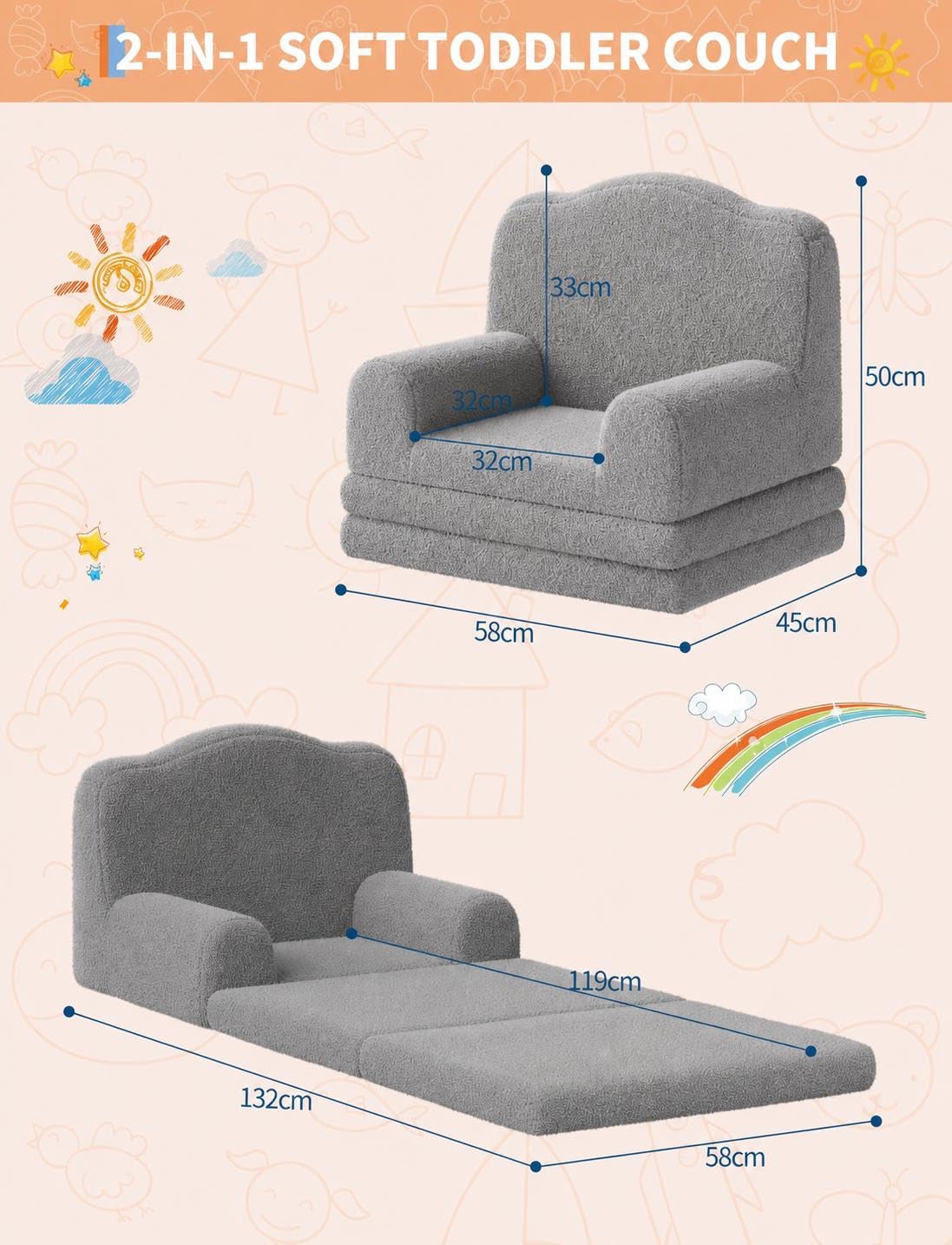 Divano Lettino Bambini 2 in 1 Pieghevole Poltrona Corona Grigio | Divano 2 in 1 pieghevole in morbido tessuto con design a corona. Fodera lavabile, perfetto per gioco e relax