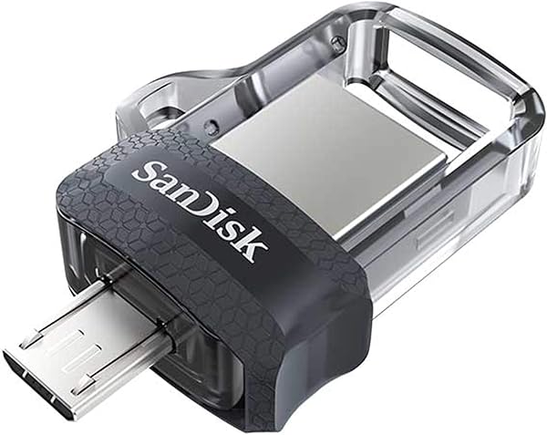 SanDisk 256 GB Ultra Dual Drive m3.0 USB 3.0 Flash Drive z odwracalnymi złączami micro-USB i USB typu A, do smartfonów, tabletów i komputerów z systemem Android, czarno-srebrno-przezroczysty