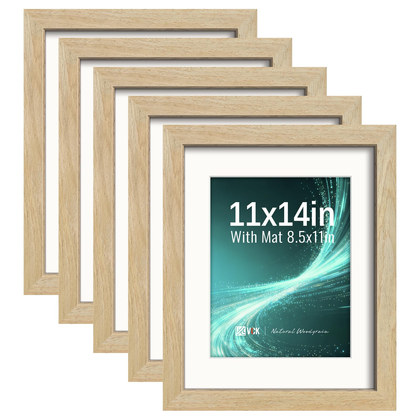 VCK 11x14 Picture Frame 5 Pack, Natural Exclusive Wood, HD Glass, for Print