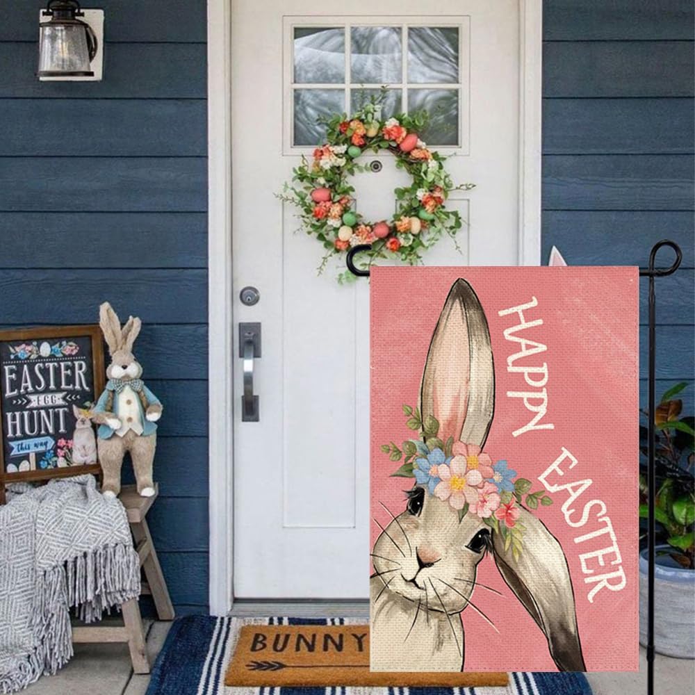 RABUSOFA Happy Easter Bunny Garden Flag 12x18 Inch Double Sided Outside, Rabbit Flower Yard Outdoor Decoration Pink - Image 4
