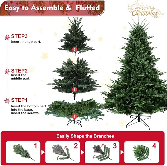 9FT Artificial Christmas Tree, Premium Unlit Spruce Douglas Firs Christmas Tree with 3451 Branch Tips, Realistic Fake Xmas Trees with Metal Hinges and Foldable Base for Holiday, Home, Party Decoration