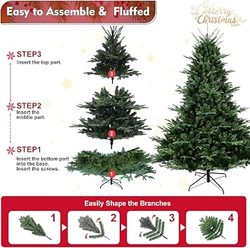 9FT Artificial Christmas Tree, Premium Unlit Spruce Douglas Firs Christmas Tree with 3451 Branch Tips, Realistic Fake Xmas Trees with Metal Hinges and Foldable Base for Holiday, Home, Party Decoration
