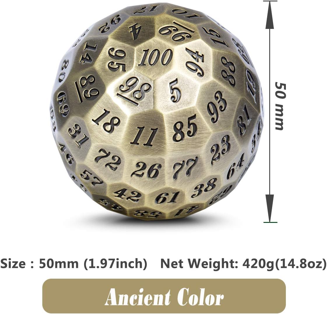 DNDND Metal Dice D100 Single 50mm 100 Sided Polyhedral Dice with Metal Case and Velvet Pouch for Table Game(Ancient with Black Number)