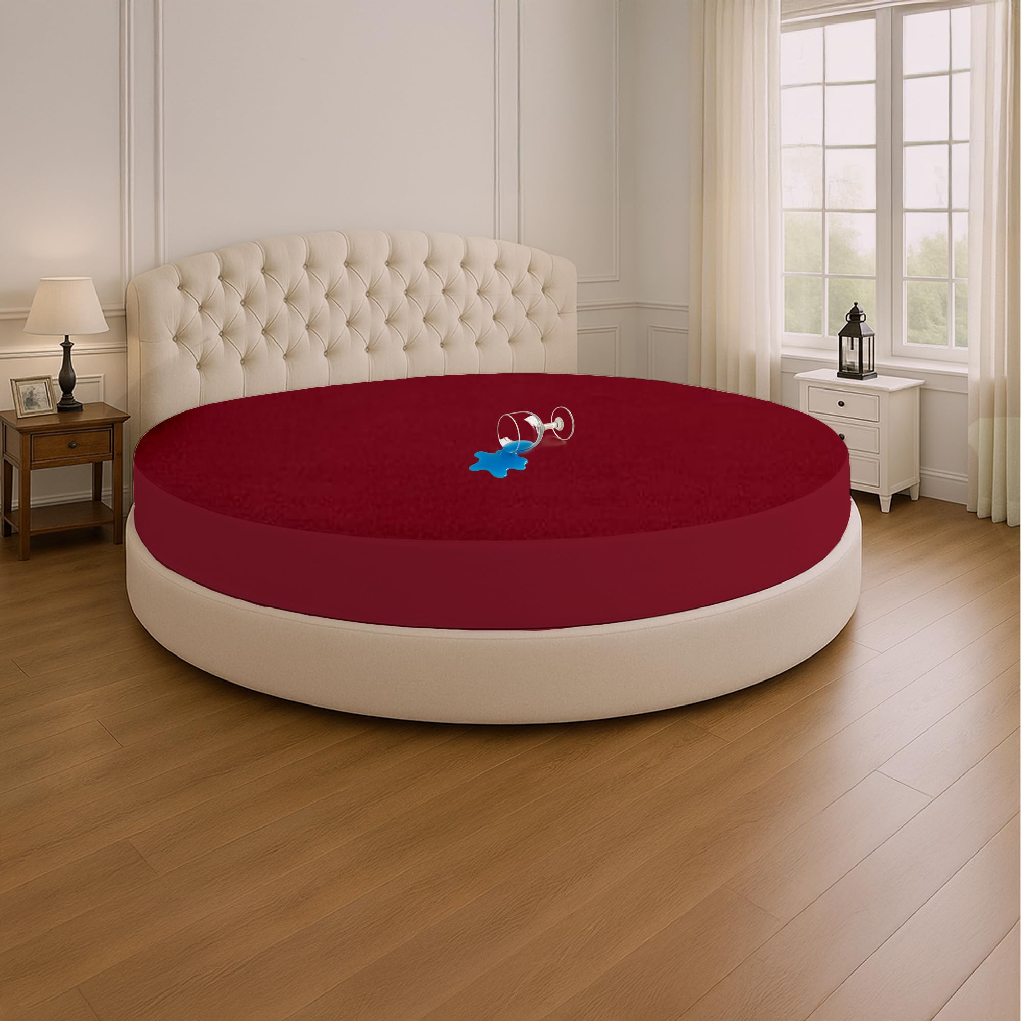 SGI Bedding Waterproof Round Mattress Protector 76" Diameter– 15" Deep Pocket Fitted Style Terry Cotton Mattress Pad Cover, Soft, Breathable & Noiseless, Spills & Stains Bed Protection – Burgundy