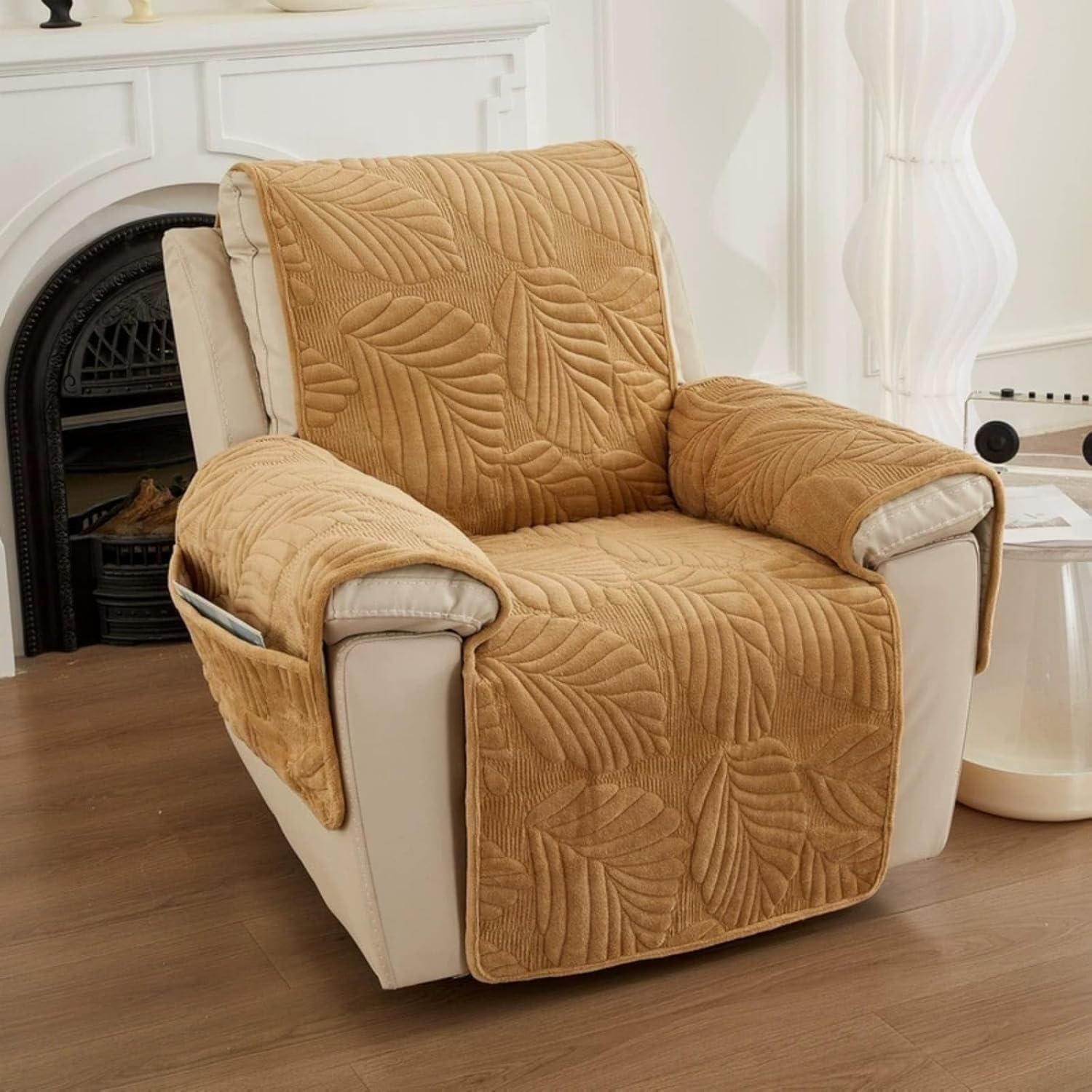 Anti-Slip Super Soft Velvet Quilted Recliner Chair Cover, Jacquard Fabric Elastic Sofa Seat Cushion Slipcover Protector for Living Room Furniture, Pets & Home Decor(Coffee)