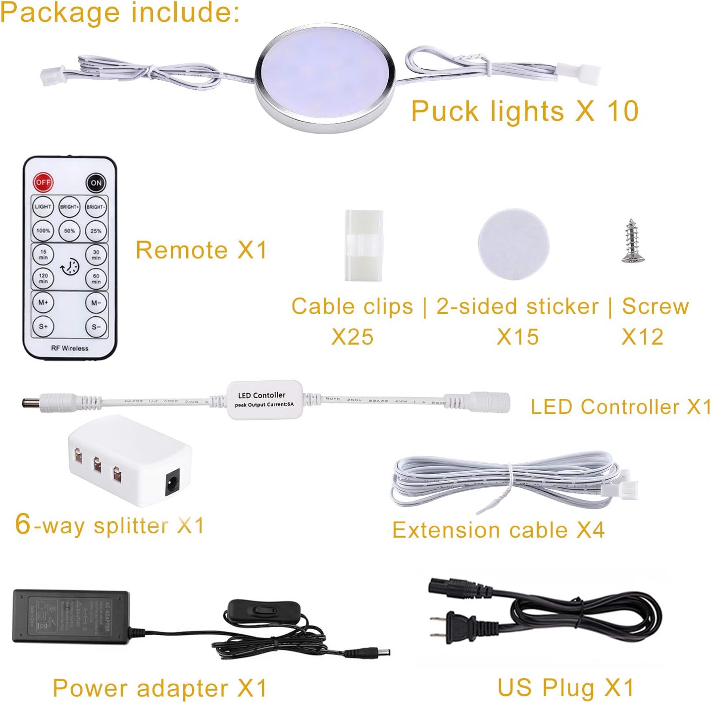 LABOREDUCER LED Dimmable Under Cabinet Lighting Plug in,10 Pack Linkable Puck Lights with Remote Control,Hardwired Cabinet Lights with Timer for Kitchen Counter,Wardrobe,Bookcase (Cool White)