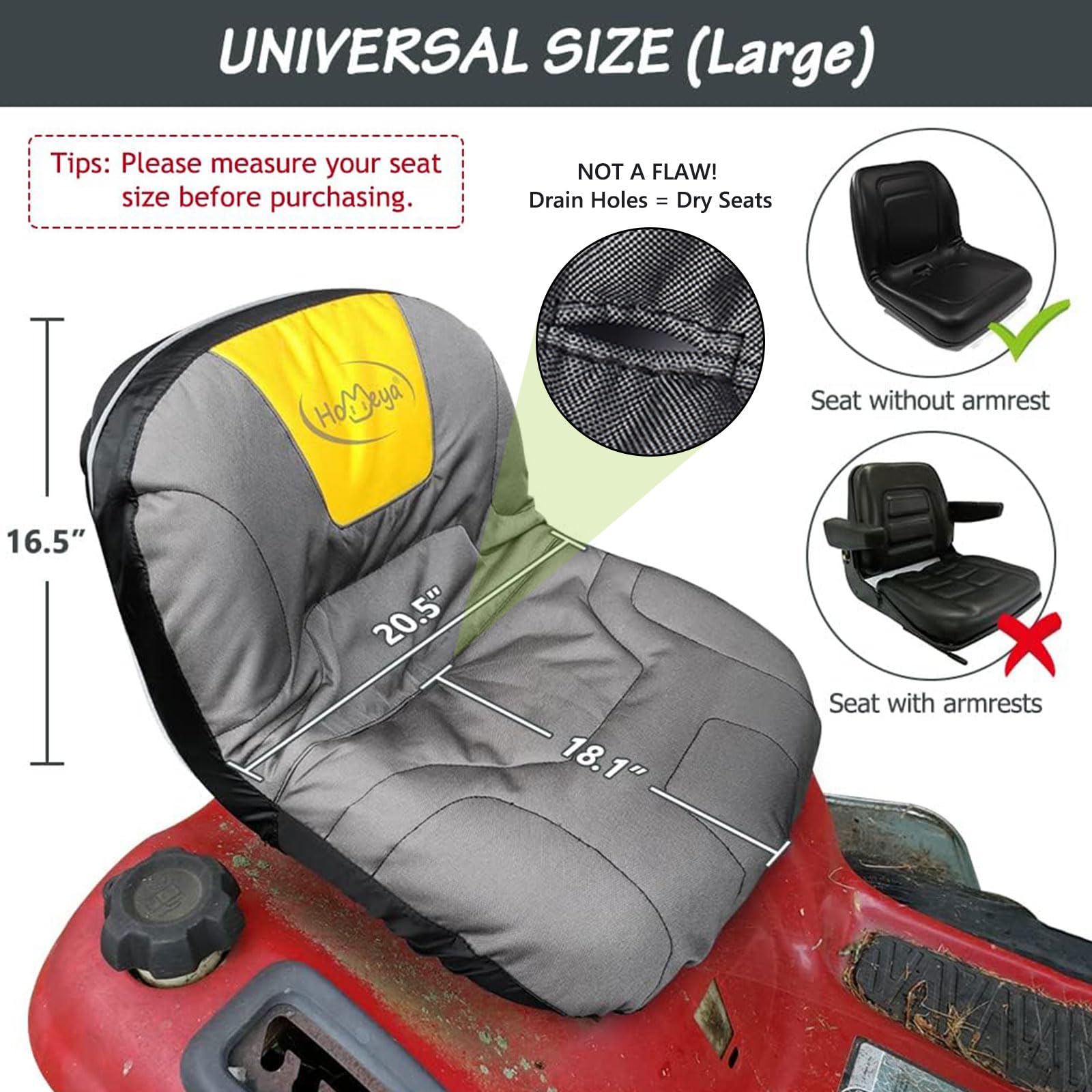 HOMEYA Funda de asiento para cortacésped, resistente 600D Oxford impermeable, funda de asiento de tractor con acolchado y bolsillos traseros, para asientos de 16.5 pulgadas de alto, se adapta a