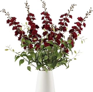 IPOPU Dark Red Flowers Artificial Delphinium 9PCS Burgundy Larkspur Artificial Flowers with Clematis Greenery Burgundy Silk Flowers for Wedding Centerpieces for Home Table Decor (Dark Red)