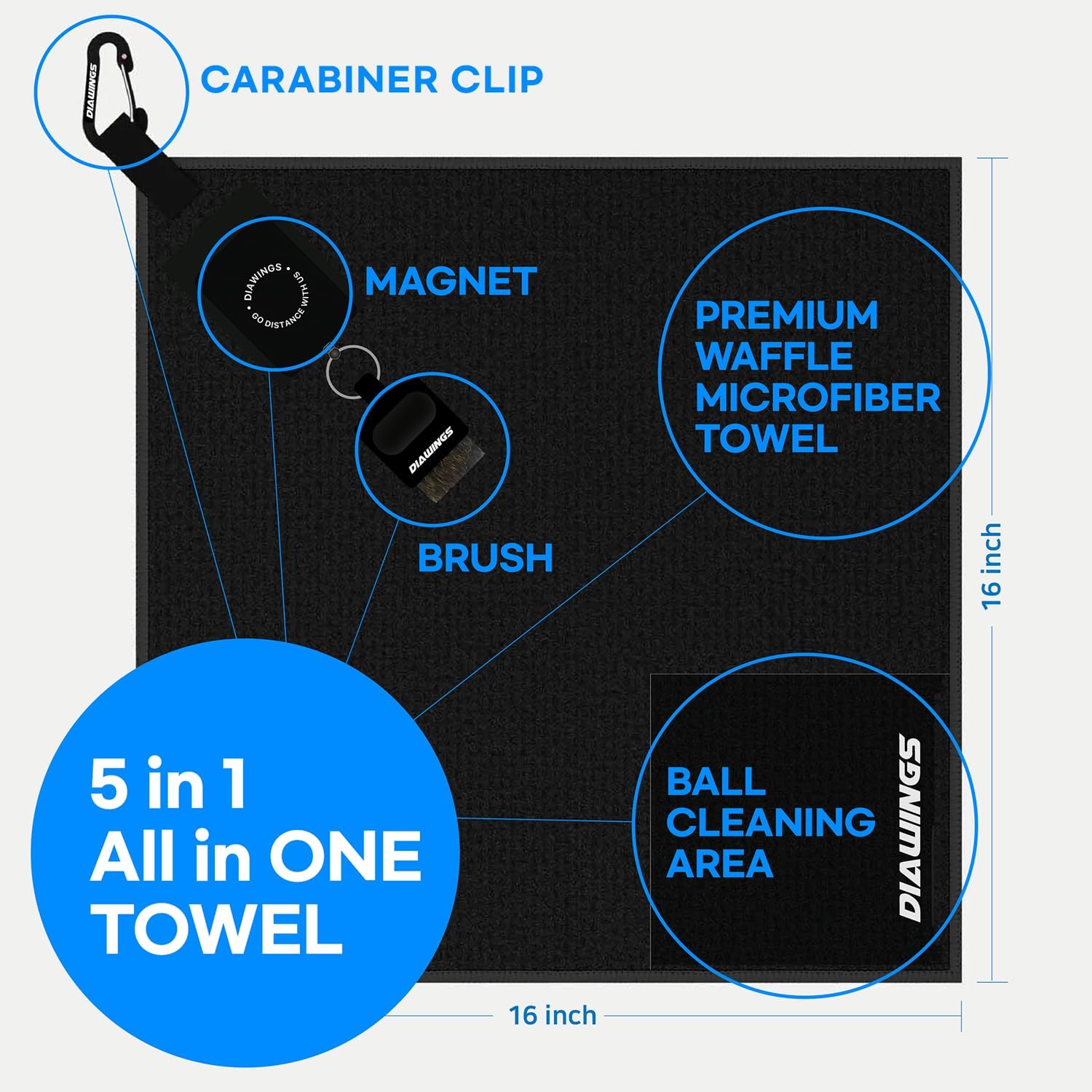 Diawings All in One Golf Towel, 5-in-1 Multi-Functional Golf Towel, with Magnetic Hold, Waffle Weave Microfiber Club & Ball Towel, Retractable Brush, Carabiner Clip – Ultimate Golf Accessory (Black)
