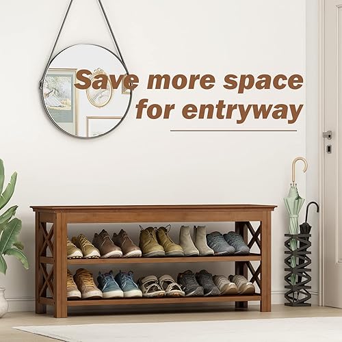 Miniatura 3 de Bamworld Zapatero con almacenamiento de 3 niveles, banco de zapatos de bambú para entrada, banco de entrada de madera maciza rústica (marrón XL,