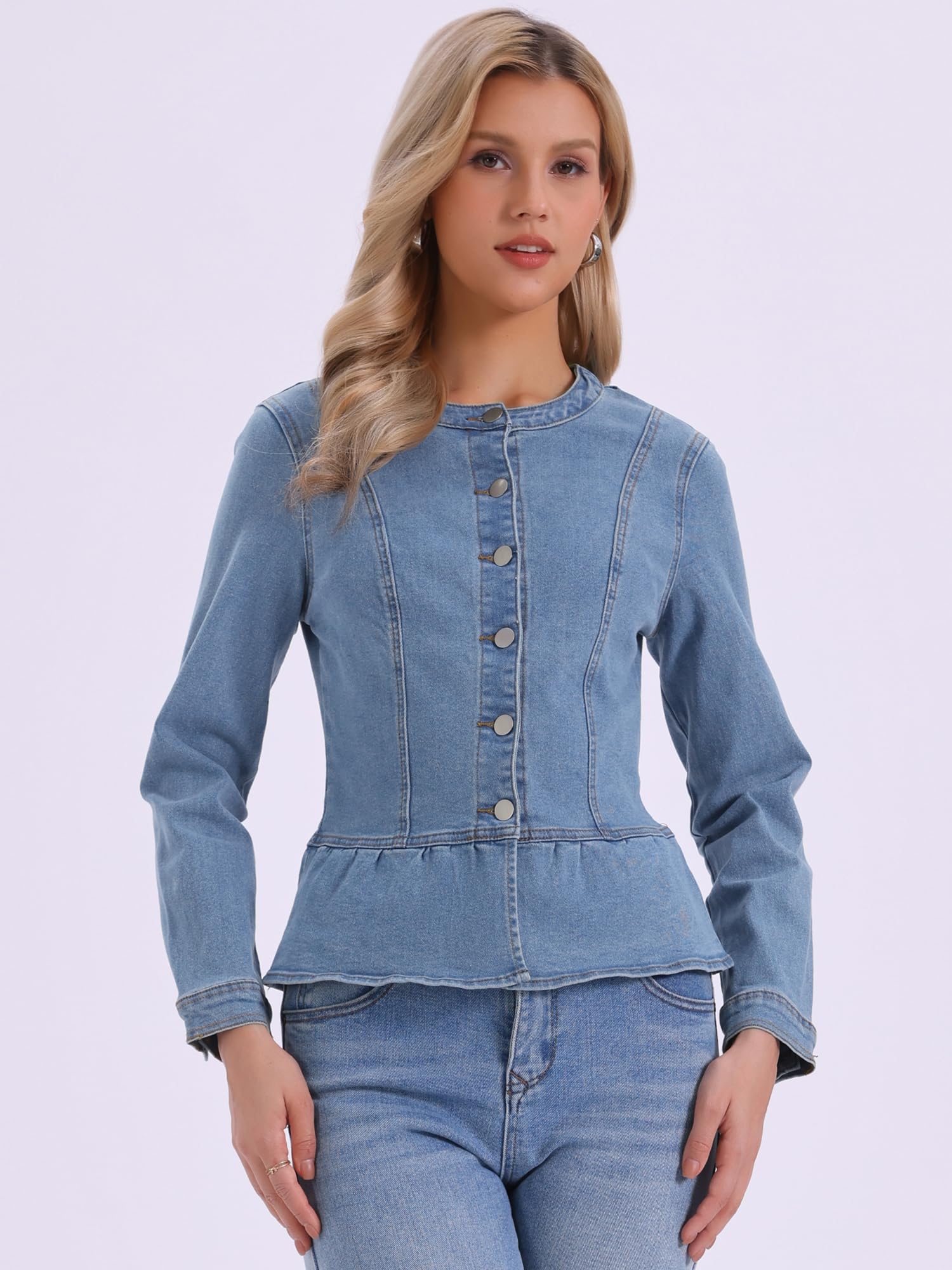 Allegra K Veste en Jean Femme Col Rond Ourlet Péplum Blouson Boutonnée Décontracté