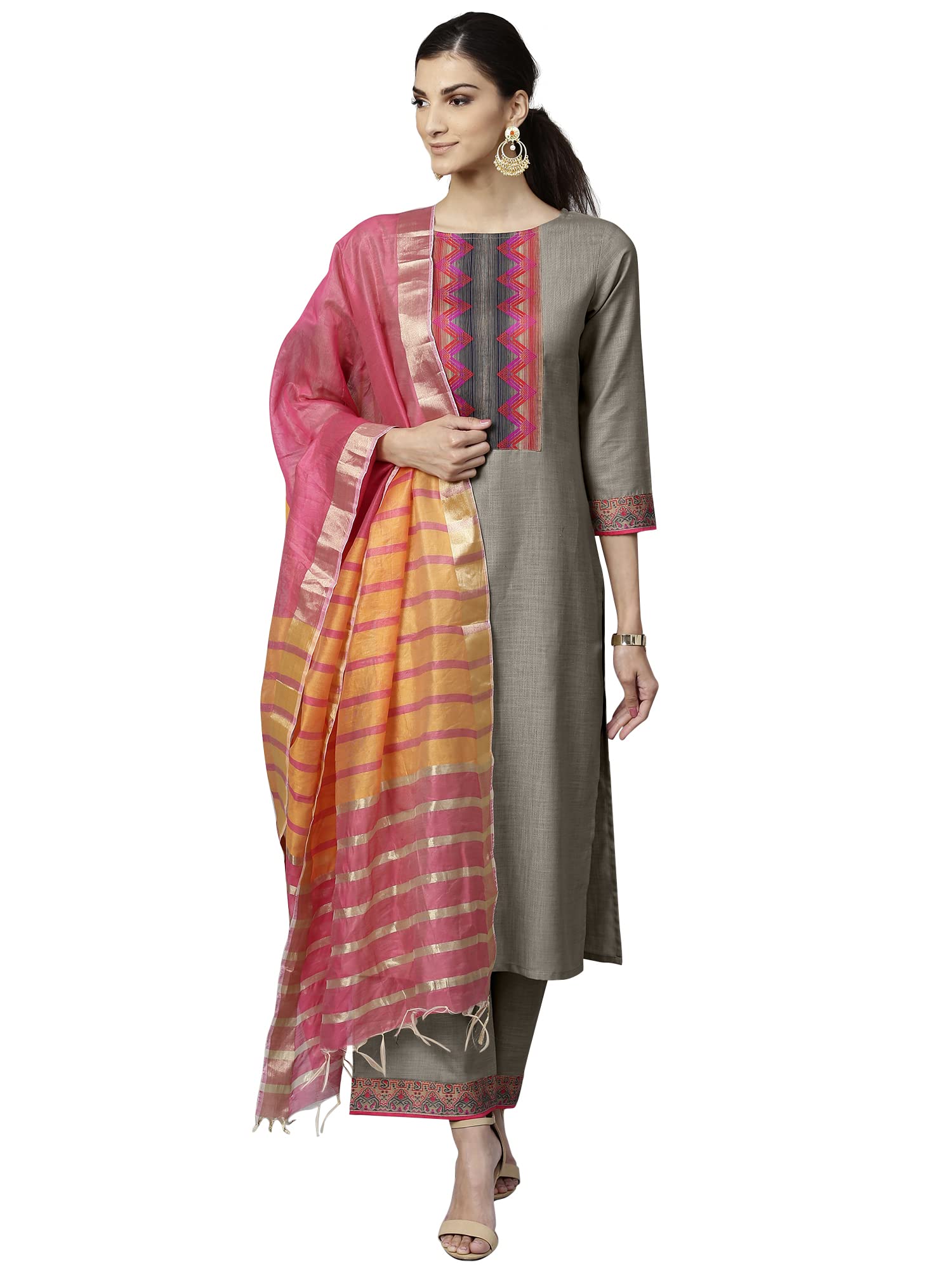 INDO ERAWomen's Pure Cotton Solid Straight Kurta Palazzo With Dupatta Set (CCCCC2277)