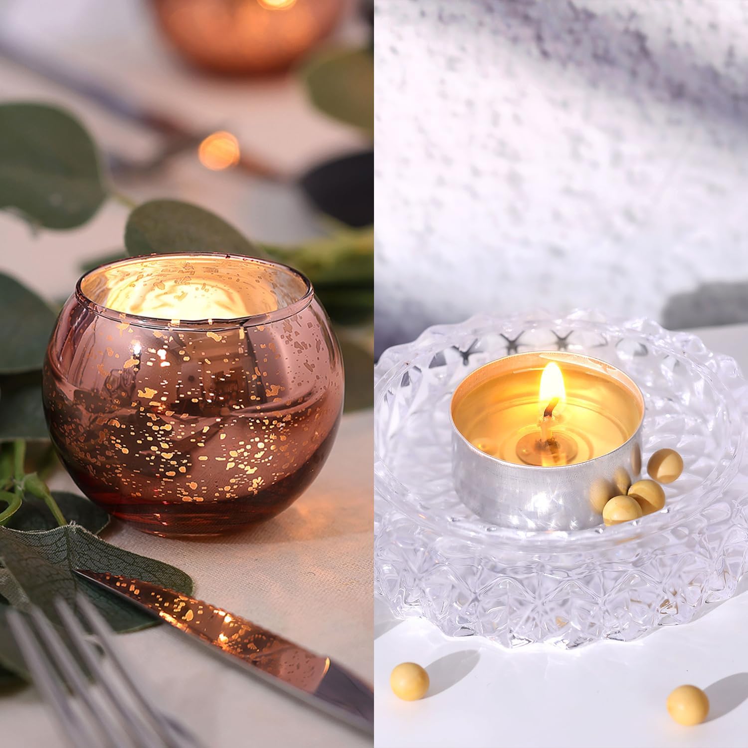 LAMORGIFT 12 Pcs Rose Gold Votive Candle Holders & Soy Tealight Candles | 100 Pack | 6 Hours