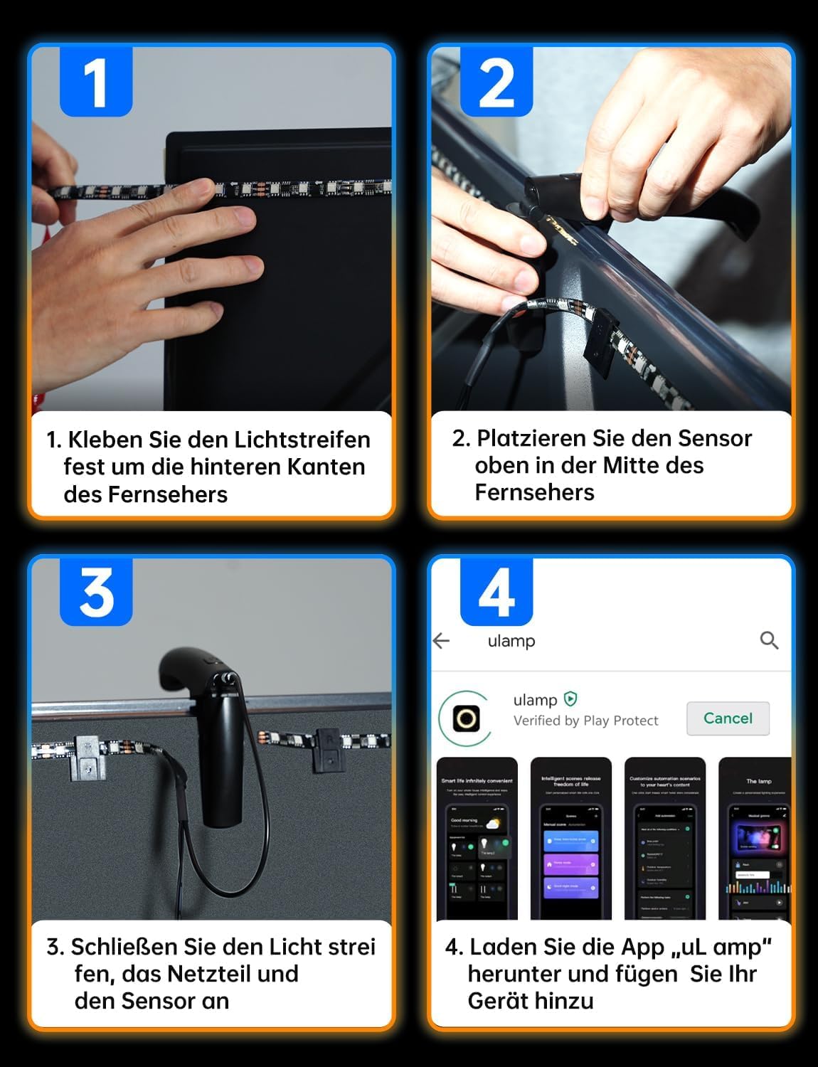 Gvyugke TV LED Hintergrundbeleuchtung, TV Hintergrundbeleuchtung mit Sensor, Smart-App-Steuerung, Spiel & Musik-Sync, 4,5 Meter TV Led Strip Sync für 55-65 Zoll TVs und PC-Monitore