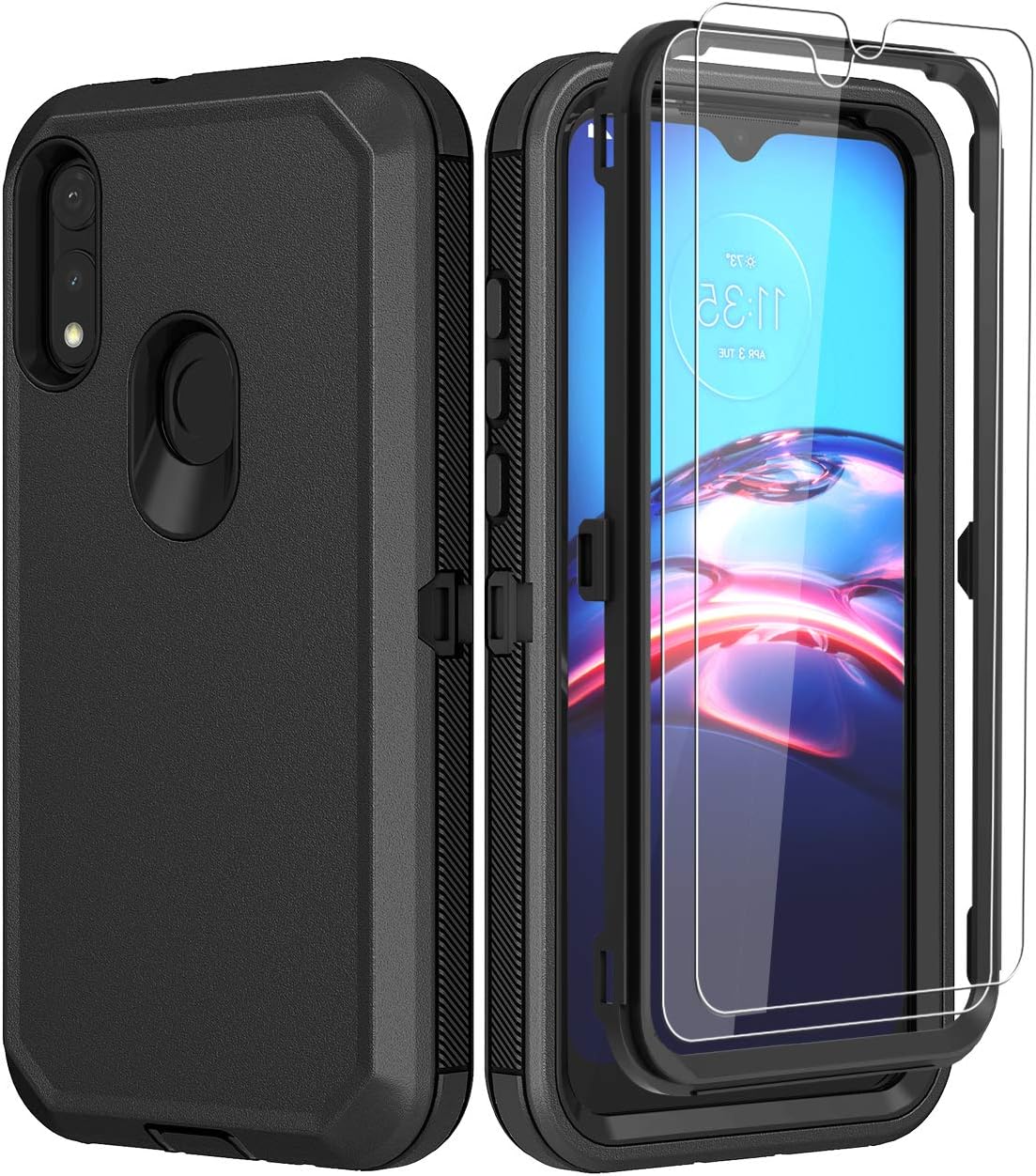 ONOLA Compatible for Moto E Case 2020 with HD Screen Protector (2 Pack),Drop Protection Full Body Rugged Heavy Duty Case,Shockproof Dust Proof 3-Layer Durable Cover for Motorola E 2020(Black)