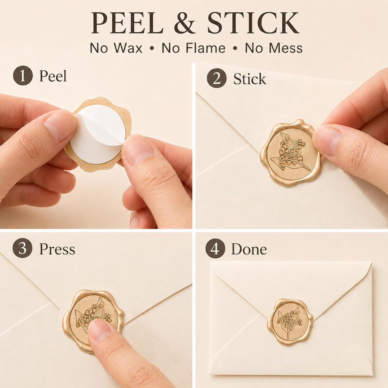 80Pcs Wax Seal Wedding Stickers, Light Gold, 1.2Inch, 4 Styles
