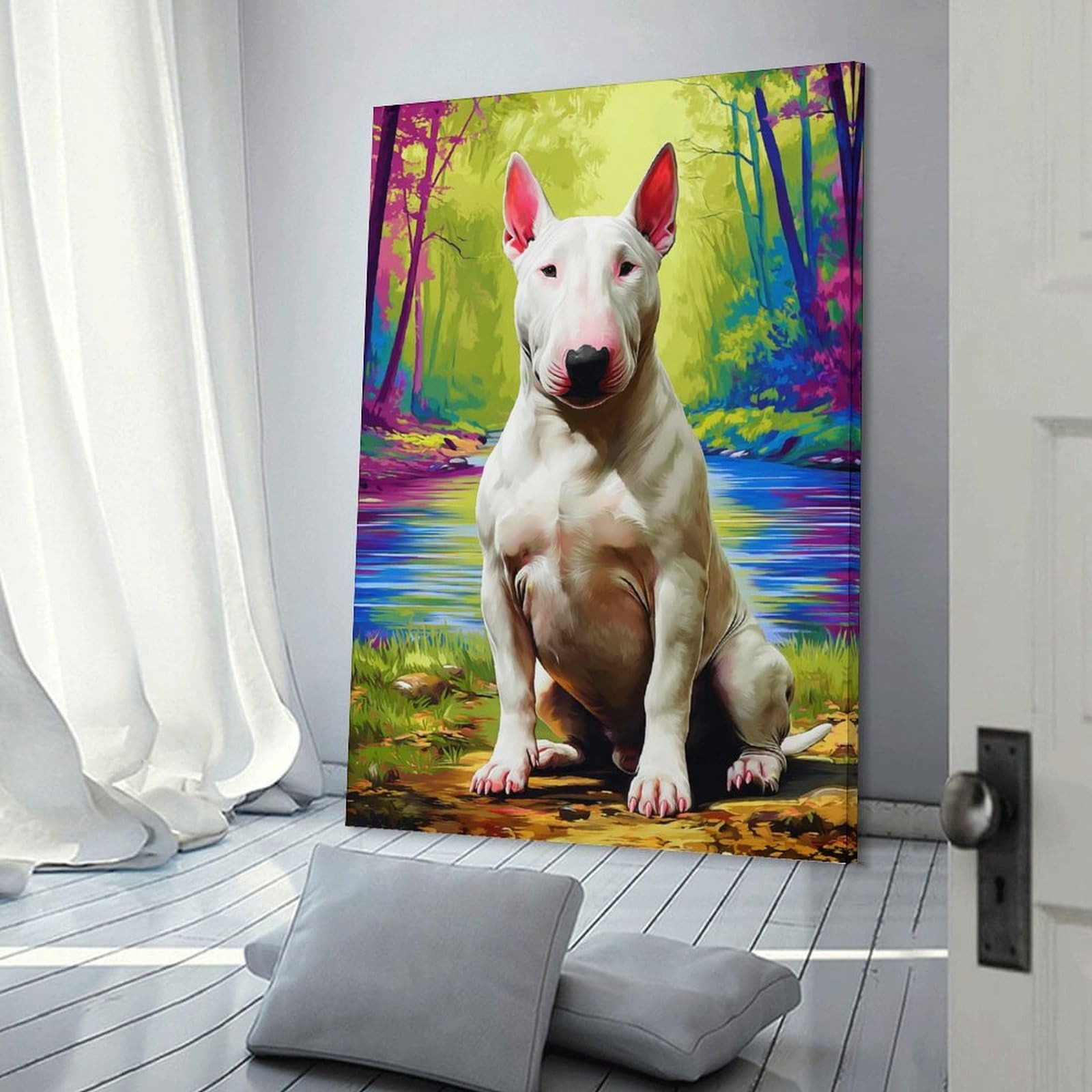 Junmoney Canvas Wall Picture Bull Terrier by The Colorful Stream, 24x36inch(60x90cm), for Home Lounge, Bedroom Or Reading Nook, A Home Accent with Warm Character
